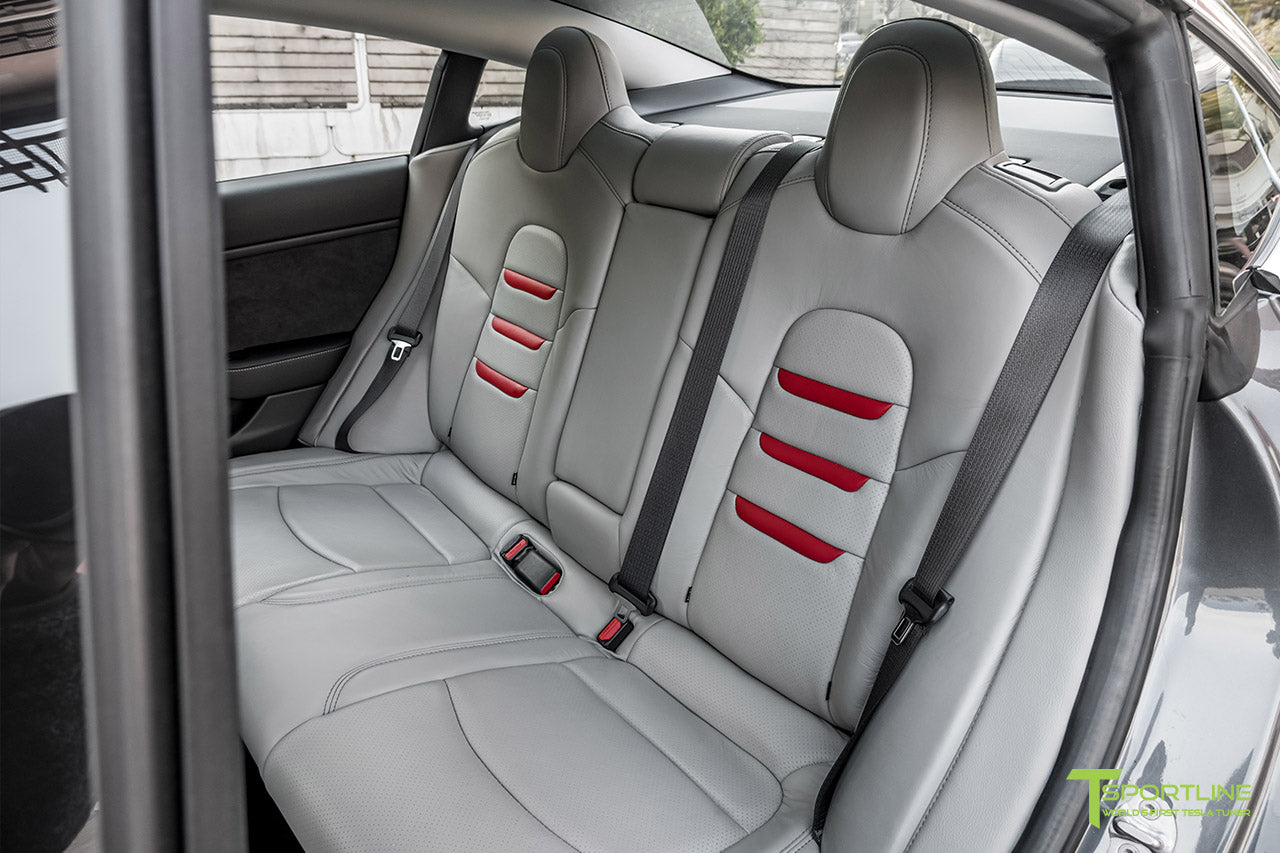 Tesla Model 3 Cream Interior Seat Upgrade Kit in Perforated Insignia Design with Gray Leather and Red Leather Insignia by T Sportline 