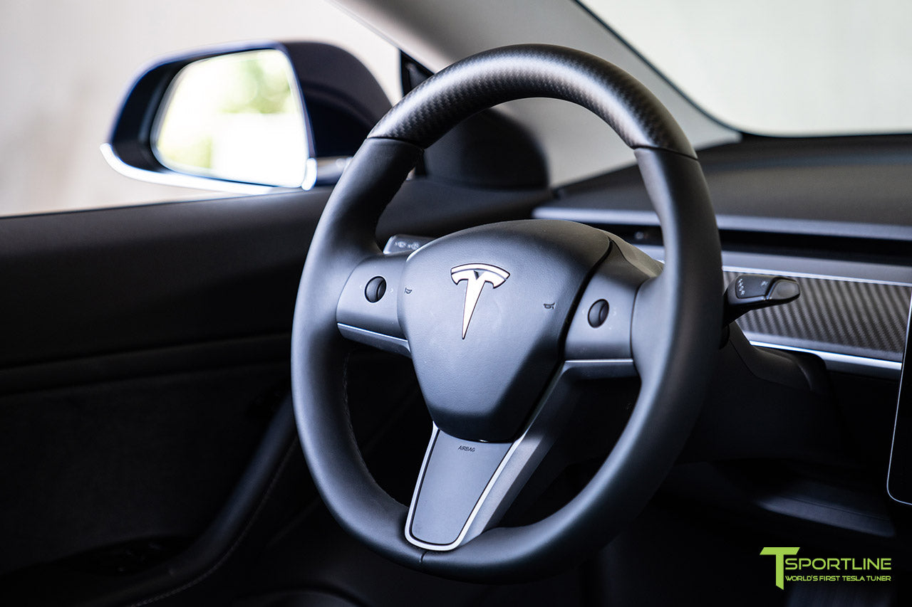 Tesla Model 3 with Matte Carbon Fiber Steering Wheel and Dash Panel Dashboard Cover by T Sportline 