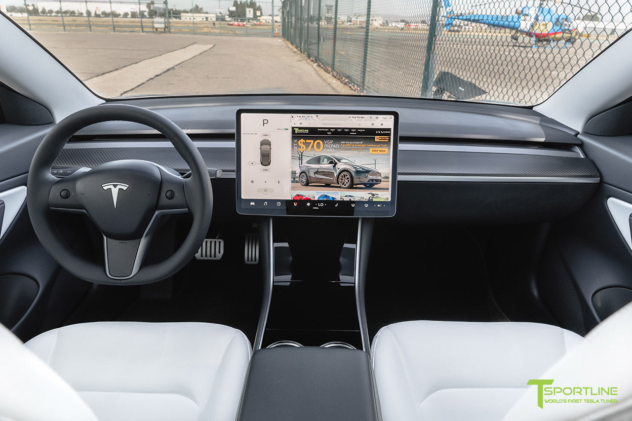Tesla Model 3/Y Premium White Interior with Matte Carbon Fiber Dash Panel by T Sportline