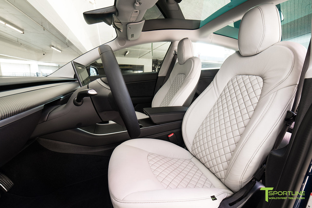 Tesla Model 3 Light Gray/Grey Leather Interior Seat Upgrade Kit in Diamond Quilt Design by T Sportline 2