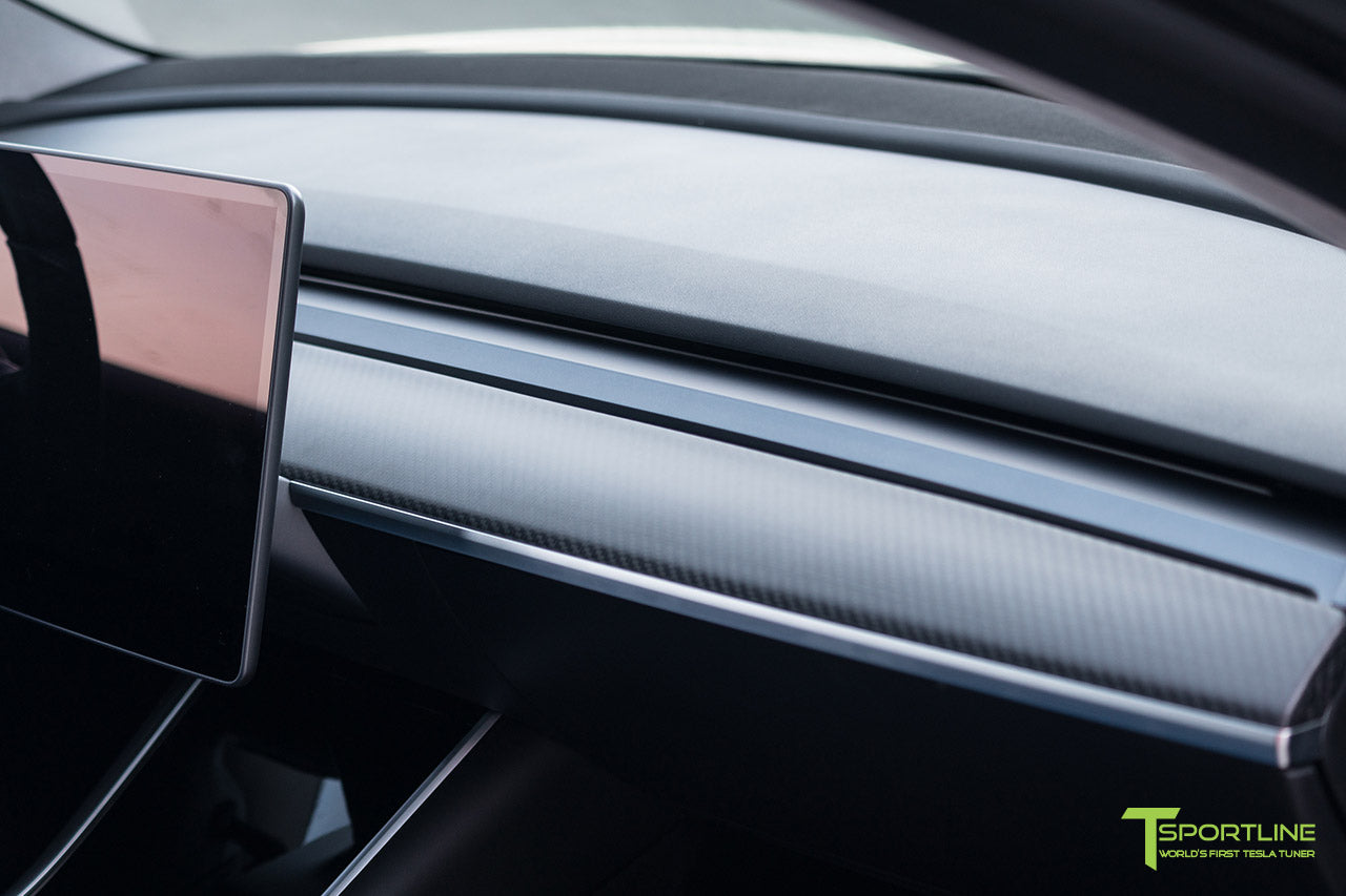 Tesla Model 3 with Matte Carbon Fiber Interior Accessories - Dashboard - Steering Wheel by T Sportline