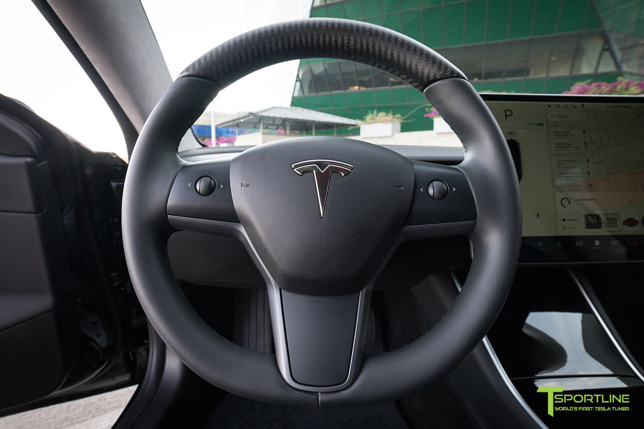 Tesla Model 3 with Matte Carbon Fiber Interior Accessories - Dashboard - Steering Wheel by T Sportline