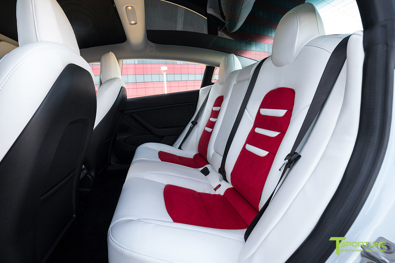 Uber White Tesla Model 3 Interior Seat Upgrade Kit with Red Suede Insert and Uber White Insignia by T Sportline