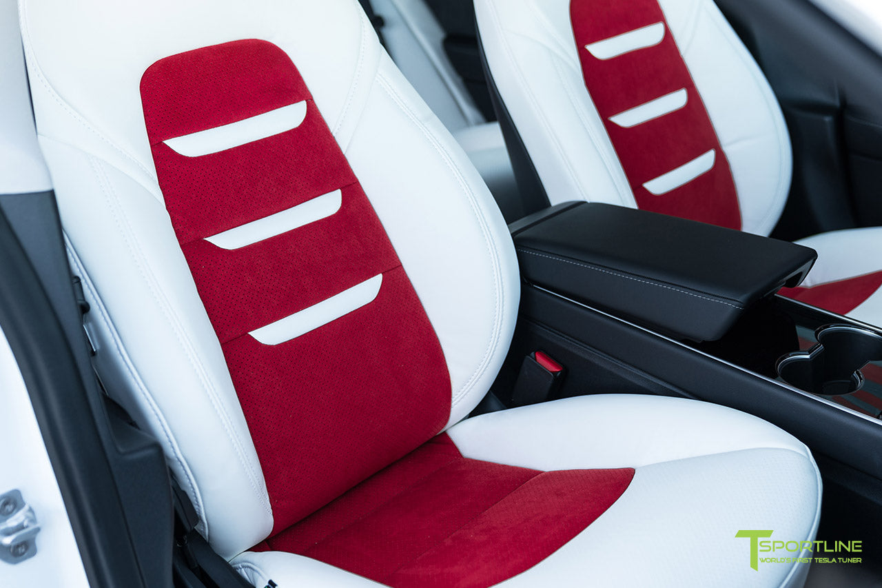 Uber White Tesla Model 3 Interior Seat Upgrade Kit with Red Suede Insert and Uber White Insignia by T Sportline