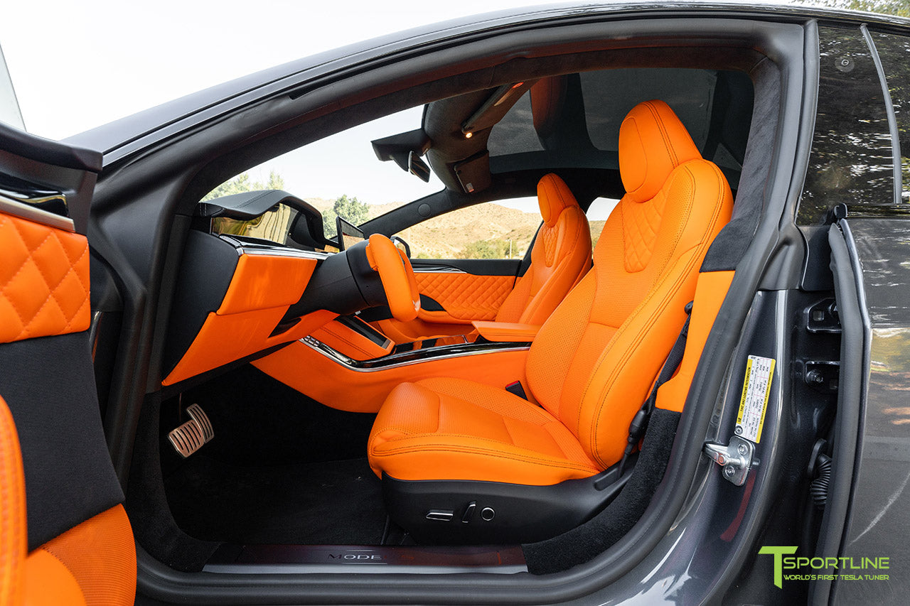 2021 Tesla Model S Plaid Lamborghini Leather Custom Interior Upgrade with Piano Black Trim and Escort Radar Ticket Avoidance System by T Sportline