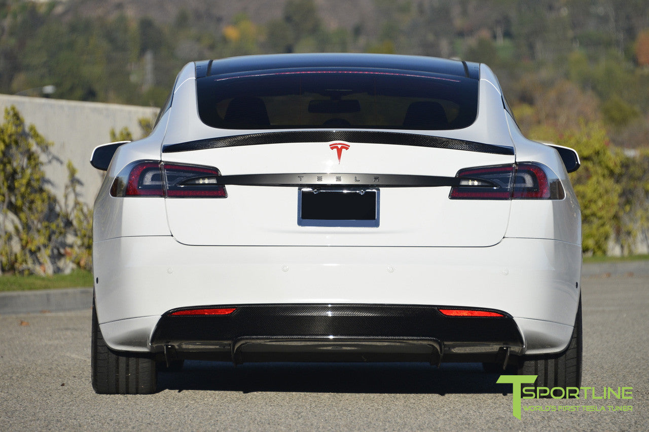 White Tesla Model S with Carbon Fiber Trunk Wing Spoiler 