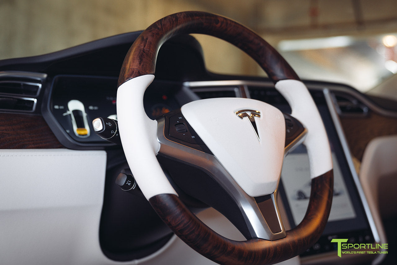 Tesla Model S in Beige Tan Cream Interior with Figured Ash Wood Steering Wheel by T Sportline