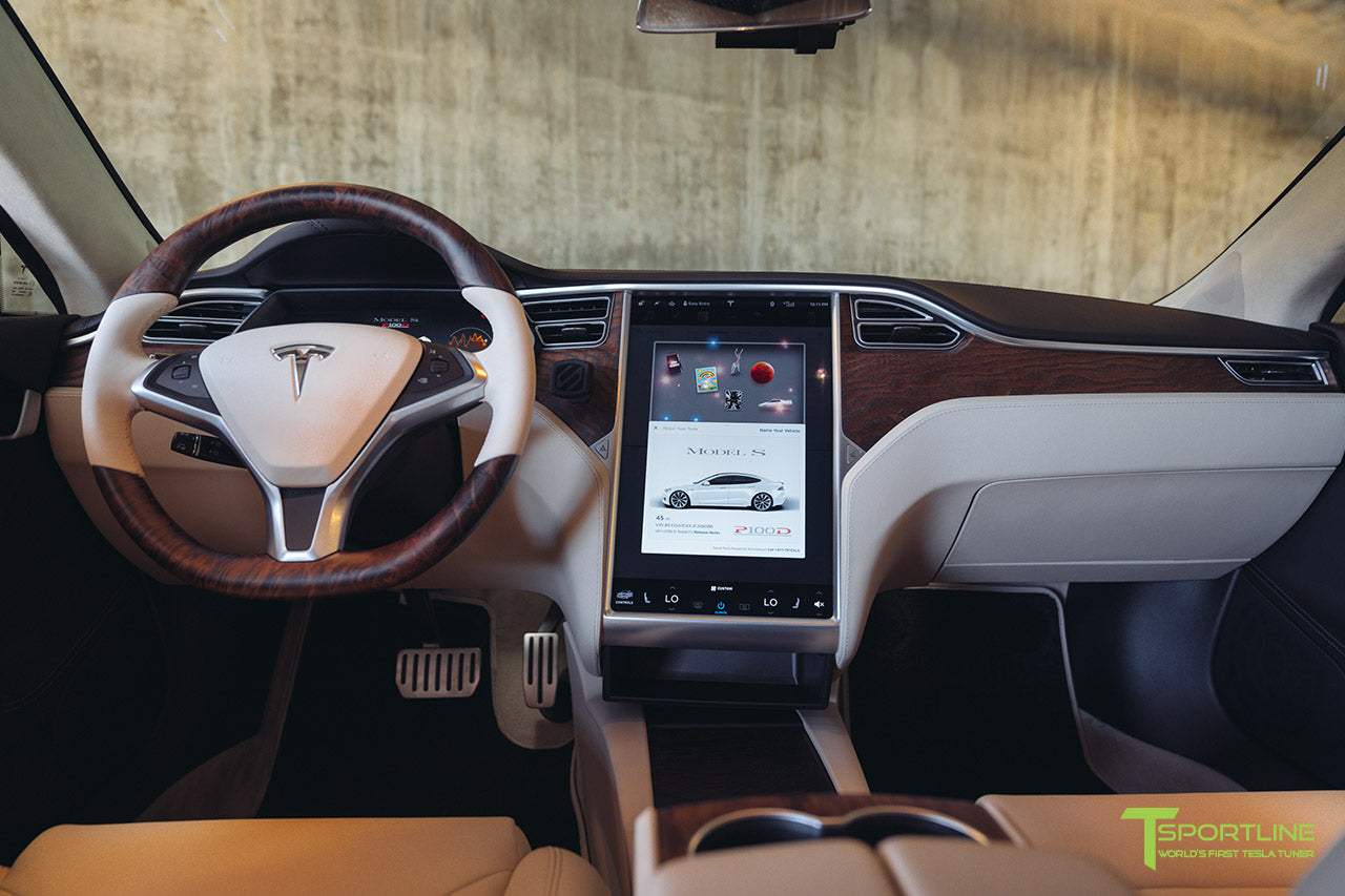 Tesla Model S in Beige Tan Cream Interior with Figured Ash Wood Steering Wheel by T Sportline