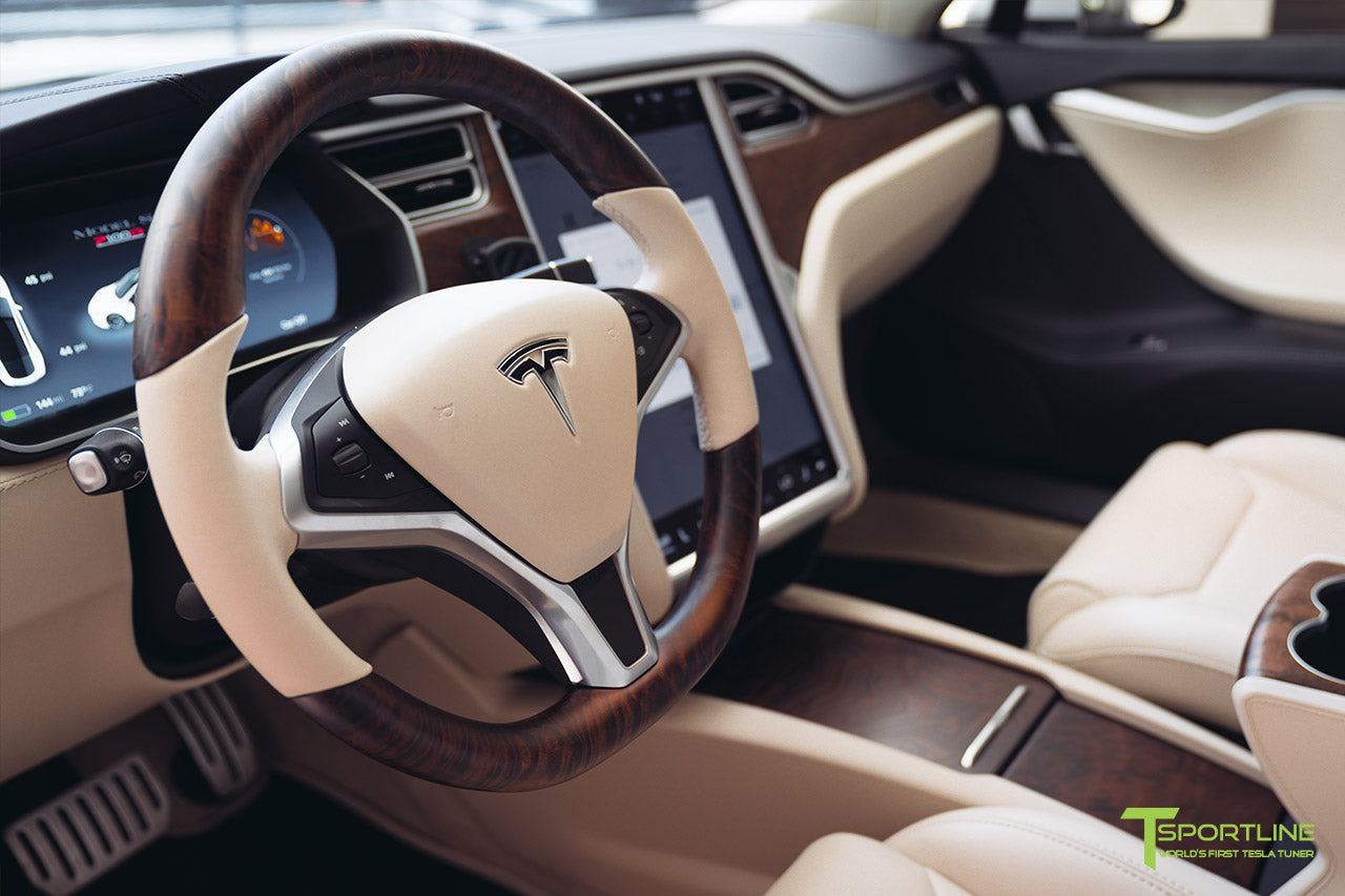 Tesla Model S in Beige Tan Cream Interior with Figured Ash Wood Steering Wheel by T Sportline