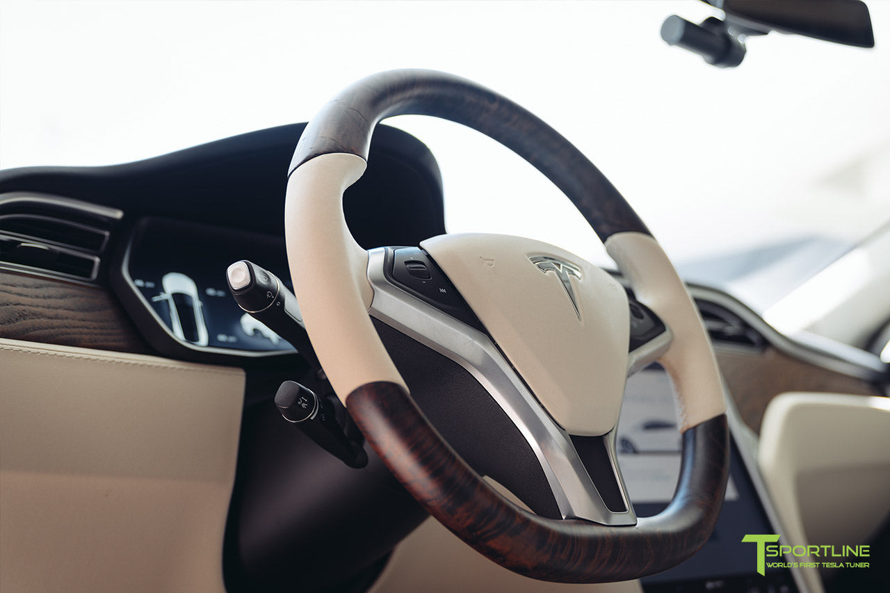 Tesla Model S in Beige Tan Cream Interior with Figured Ash Wood Steering Wheel by T Sportline 2