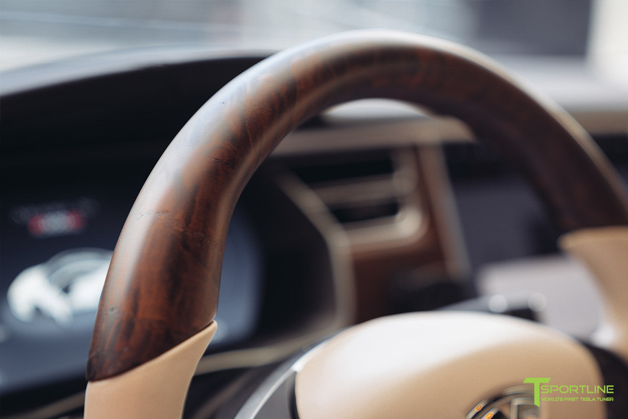 Tesla Model S in Beige Tan Cream Interior with Figured Ash Wood Steering Wheel by T Sportline 1