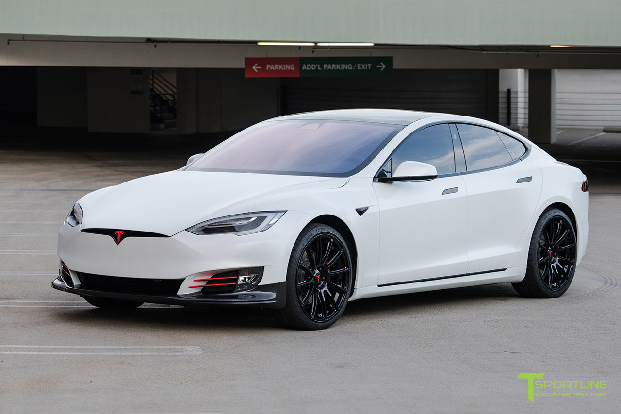 XPEL Stealth Pearl White Tesla Model S 2.0 (2016 Facelift) with Carbon Fiber Front Apron, Rear Diffuser, and Trunk Wing by T Sportline