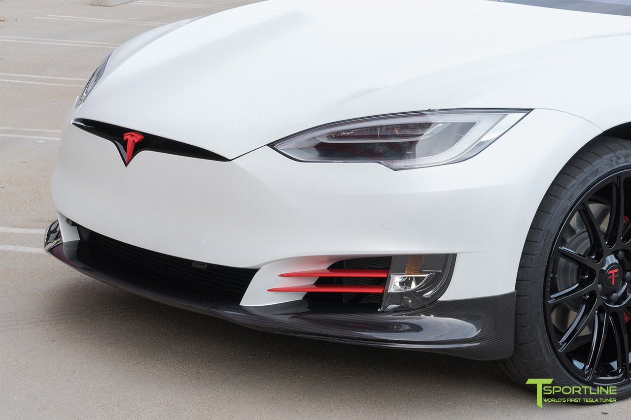 XPEL Stealth Pearl White Tesla Model S 2.0 (2016 Facelift) with Carbon Fiber Front Apron, Rear Diffuser, and Trunk Wing by T Sportline