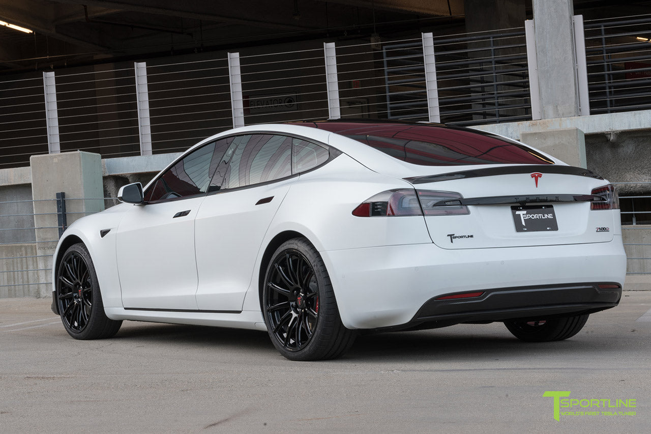 XPEL Stealth Pearl White Tesla Model S 2.0 (2016 Facelift) with Carbon Fiber Front Apron, Rear Diffuser, and Trunk Wing by T Sportline