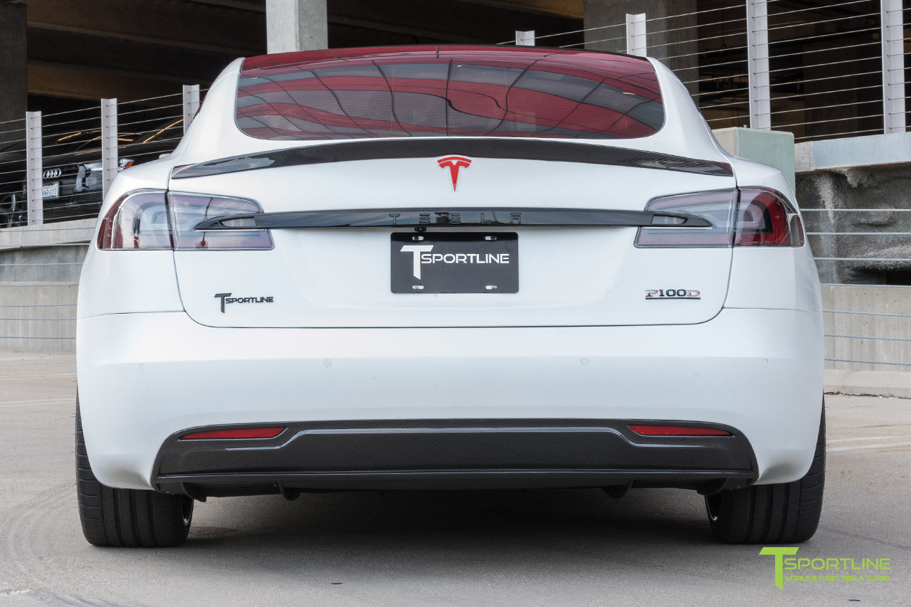 XPEL Stealth Pearl White Tesla Model S 2.0 (2016 Facelift) with Carbon Fiber Front Apron, Rear Diffuser, and Trunk Wing by T Sportline