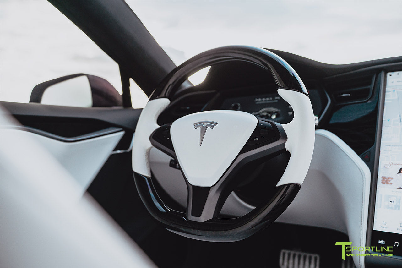 Tesla Model S Ultra White Premium Interior with Dark Ash Wood Steering Wheel by T Sportline