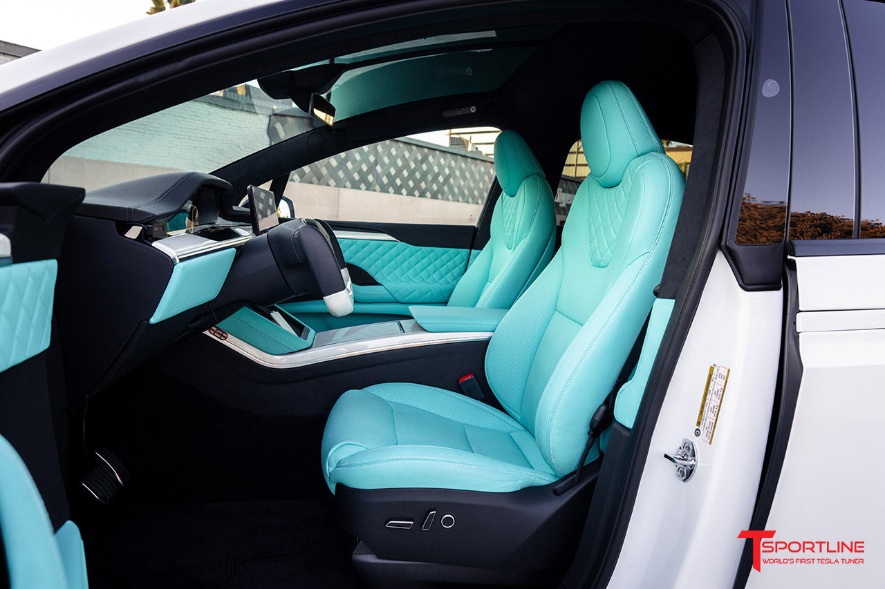 Pearl White Tesla Model X with Custom Tiffany Blue Leather Interior