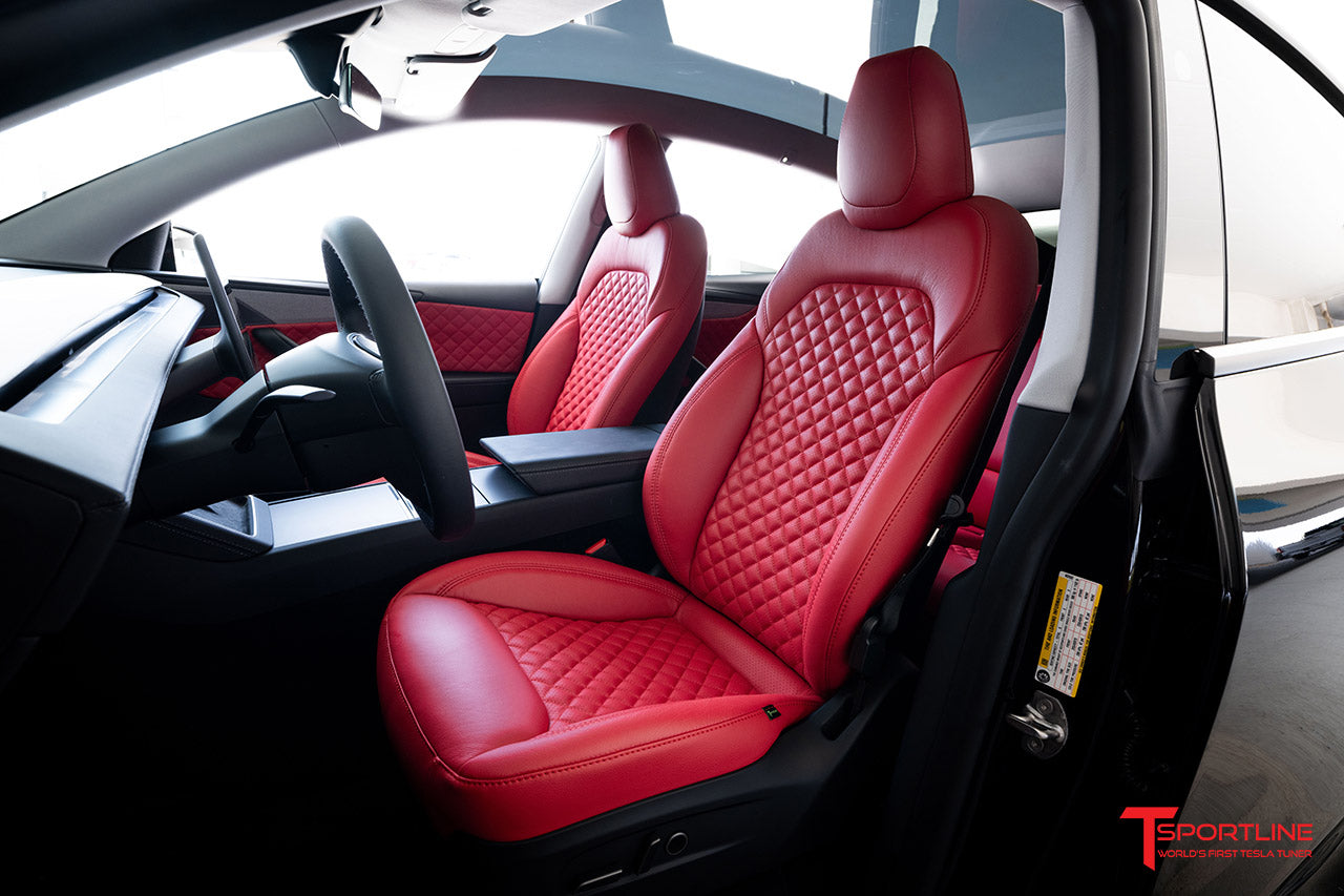 Tesla Model Y Juniper with Red Diamond Quilt Interior
