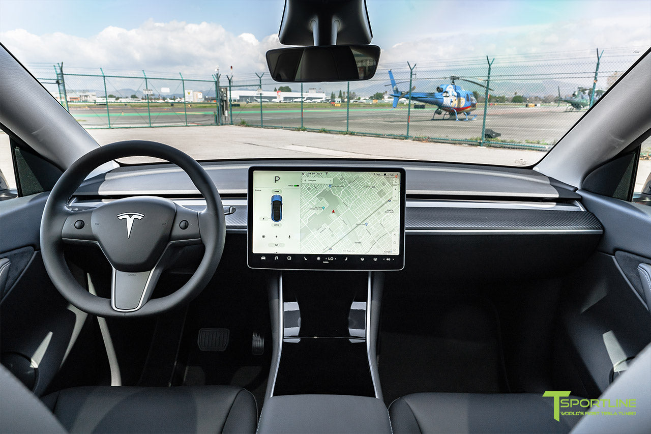 Tesla Model Y Interior Dash with Carbon Fiber Dash Panel by T Sportline 