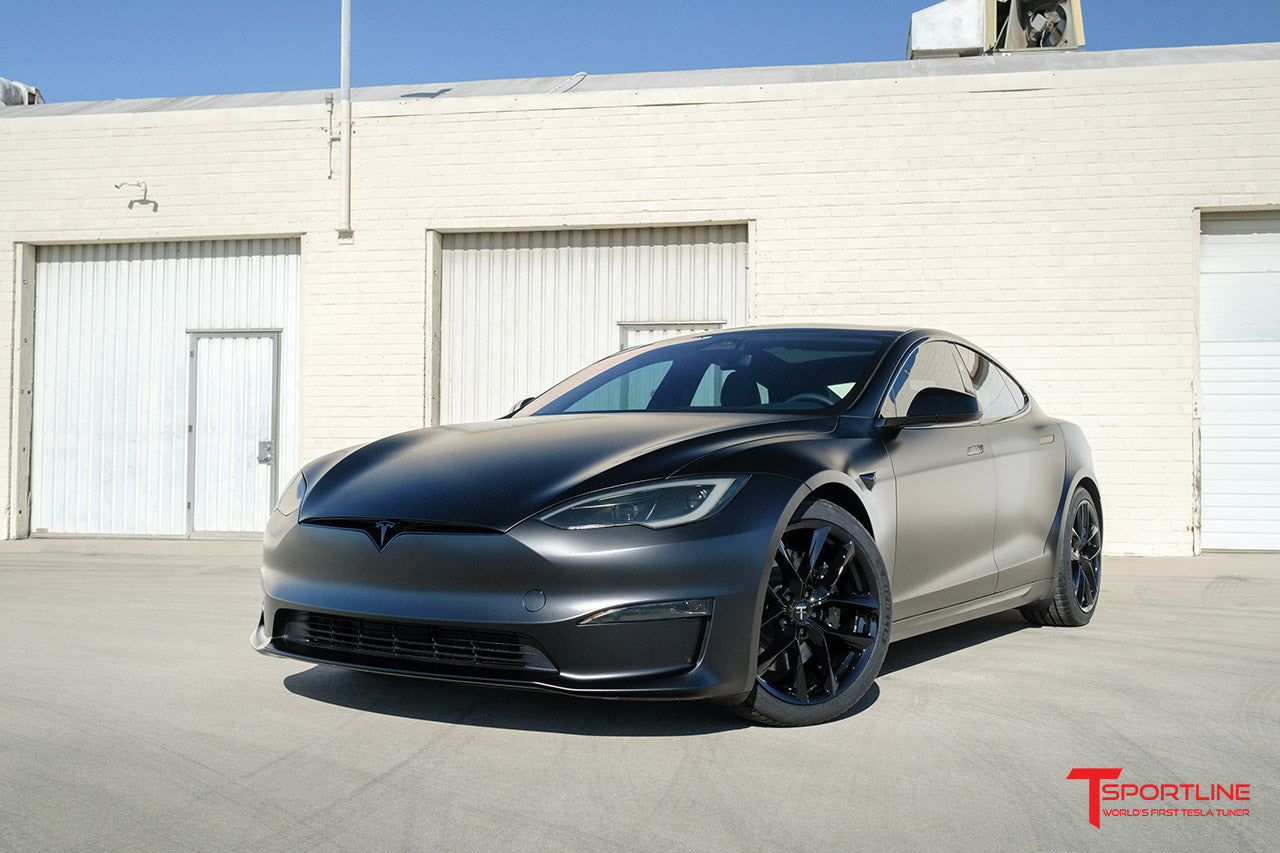 Black Tesla Model S Plaid with Gloss Black 20" TSS Arachnid Style Wheels and TMaxx Stealth Paint Protection Film