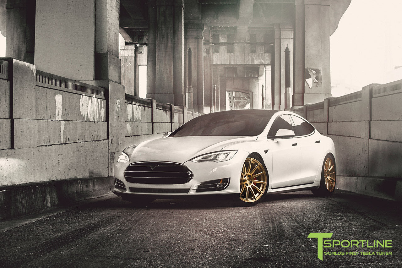 White Tesla Model S 1.0 with Ghost Gold 21 inch TS112 Forged Wheels 