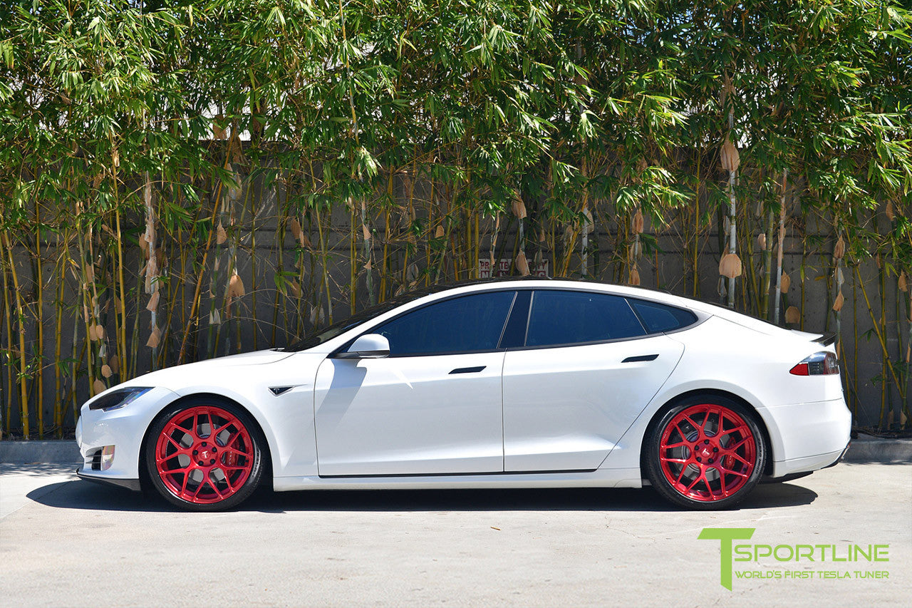 White Tesla Model S 1.0 with Velocity Red 21 inch TS117 Forged Wheels 