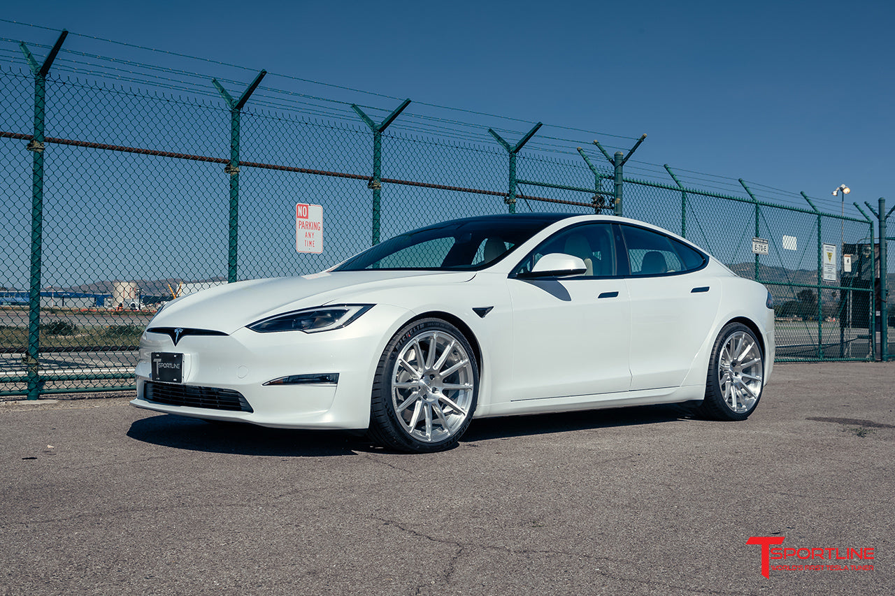 Pearl White Tesla Model S Plaid with TS112 21" Tesla Forged Wheels in Brush Satin