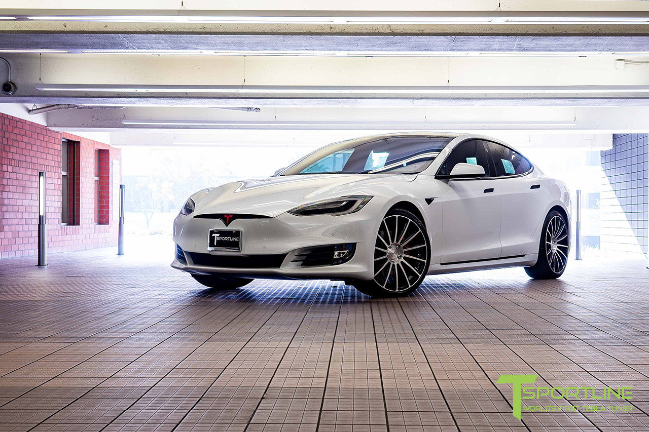 White Tesla Model S 2.0 with Diamond Black 21 inch TS114 Forged Wheels 3