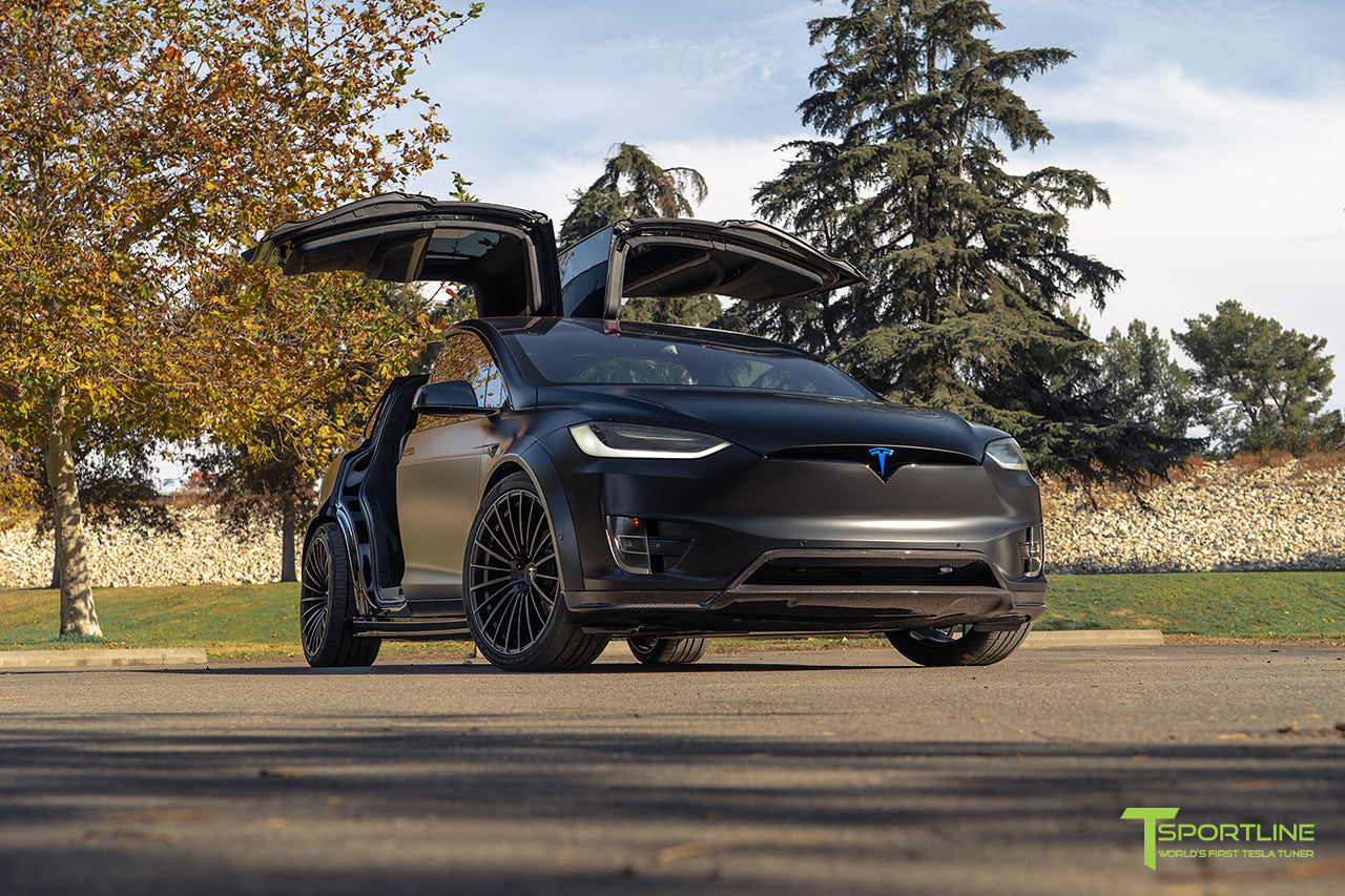 Xpel Stealth Black Tesla Model X P100D Performance with limited edition 'T Largo" matte carbon fiber widebody package and 22" wide body forged wheels in matte black