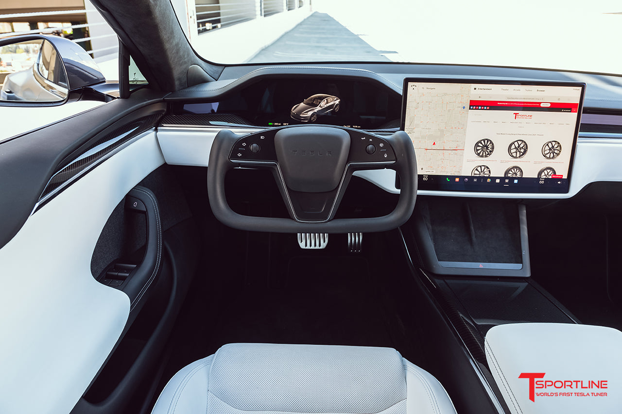 Tesla Model S Plaid White Interior with Gloss Carbon Fiber Trim