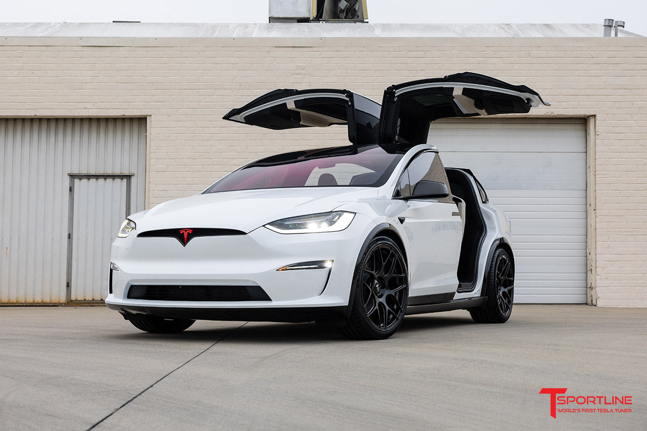 Xpel Pearl White Tesla Model X with 22" MX117 Tesla Aftermarket Wheels in Matte Black with Red Pinstriping and Burl Wood Interior Upgrade by T Sportline