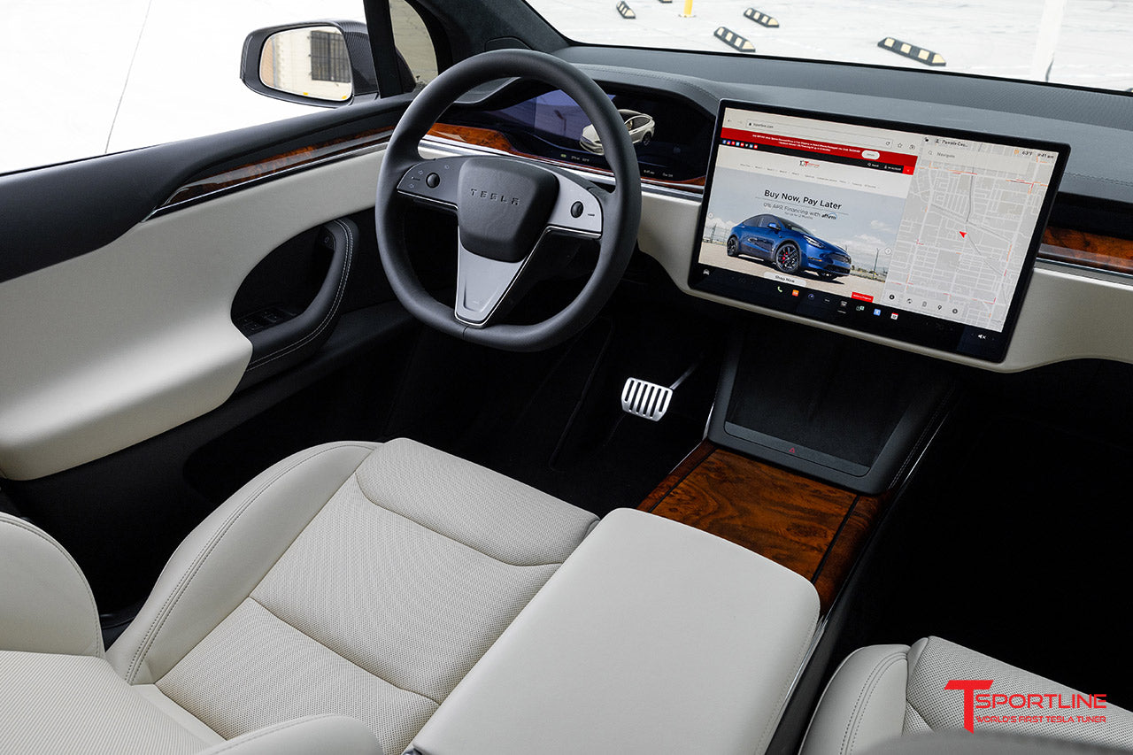 Xpel Pearl White Tesla Model X with Burl Wood Interior Trim Upgrade