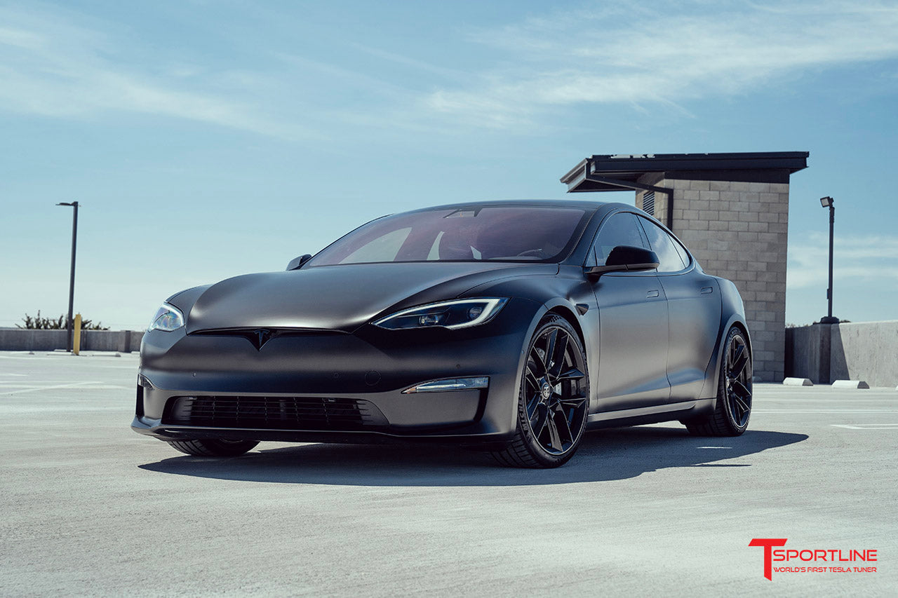 Xpel Stealth Black Tesla Model S Plaid with 21 inch TSSF Gloss Black Forged Tesla Aftermarket Wheels, Ferrari Black Custom Interior, Gloss Carbon Fiber Yoke Steering Wheel 360 Replacement, and Gloss Carbon Fiber Trim by T Sportline