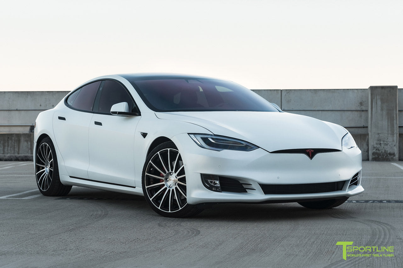 Xpel Stealth Pearl White Tesla Model S with Diamond Black TS114 21" Forged Wheels by T Sportline