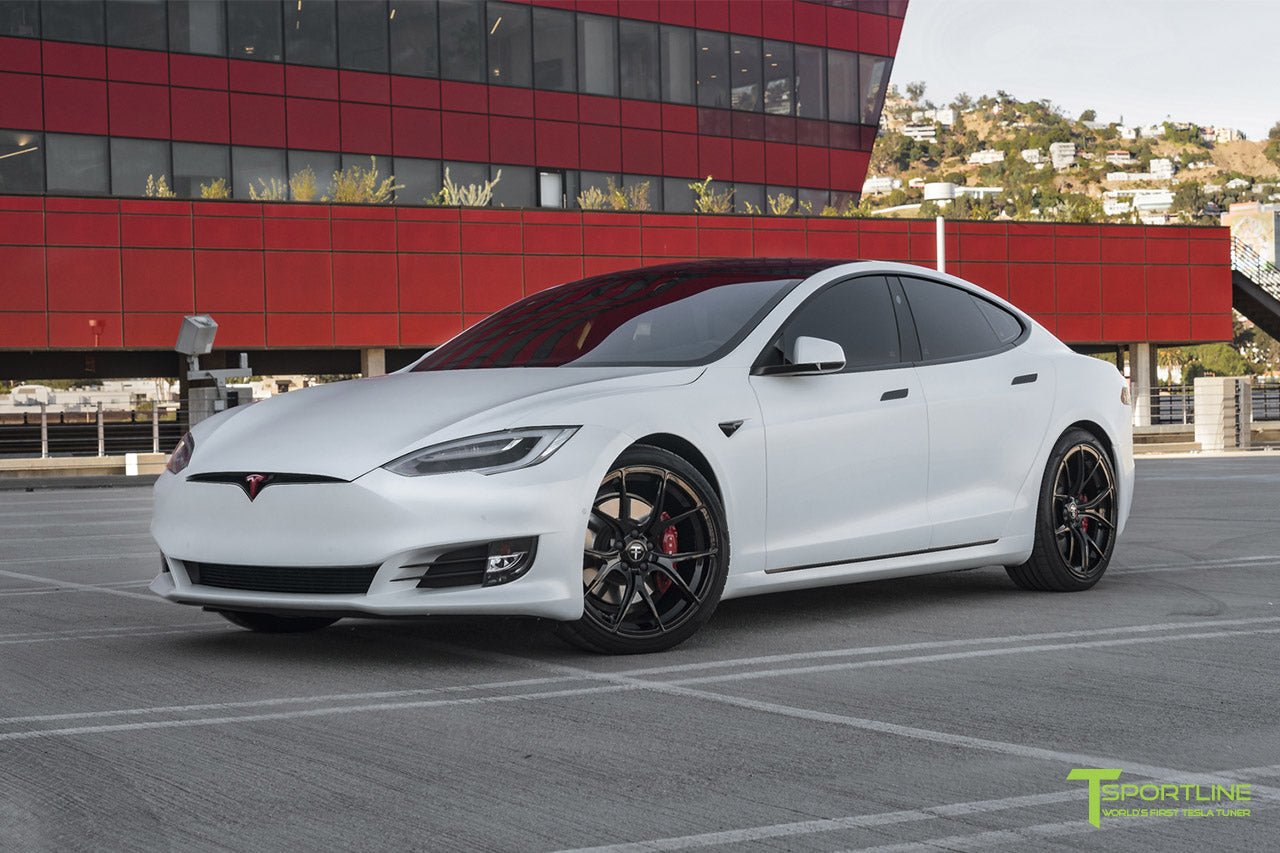 Xpel Stealth Pearl White Tesla Model S with Gloss Black TS115 21" Forged Wheels by T Sportline