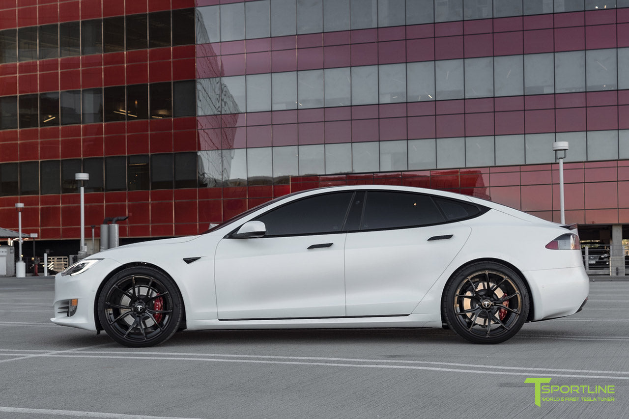 Xpel Stealth Pearl White Tesla Model S with Gloss Black TS115 21" Forged Wheels by T Sportline