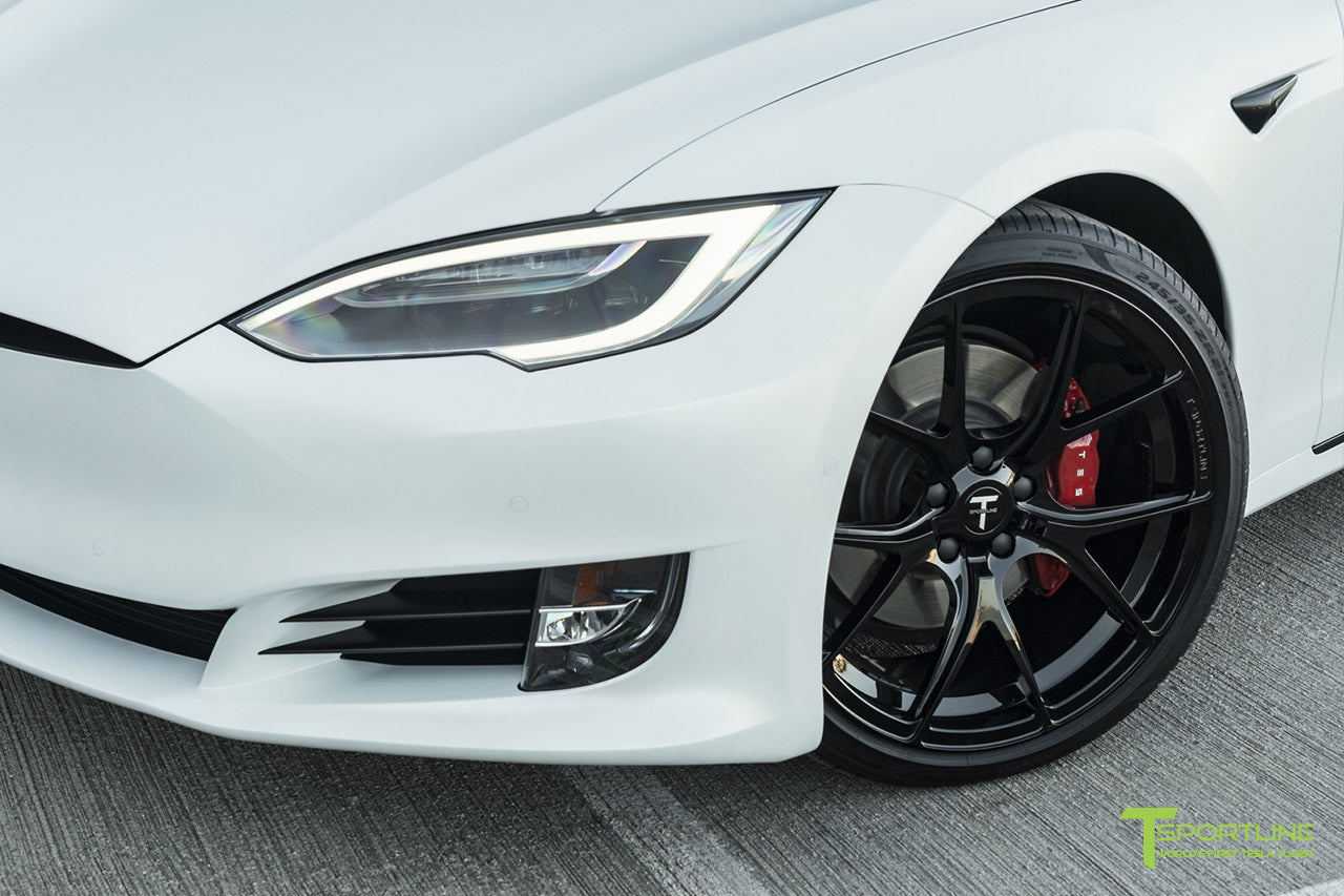 Xpel Stealth Pearl White Tesla Model S with Gloss Black TS115 21" Forged Wheels by T Sportline