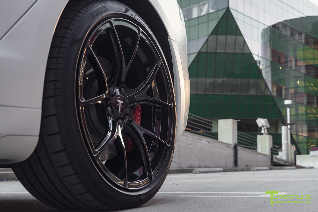 Xpel Stealth Pearl White Tesla Model S with Gloss Black TS115 21" Forged Wheels by T Sportline