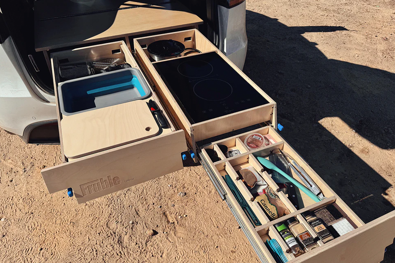 Modular Camp Kitchen, Sleep / Bedding Platform and Storage Drawer System for Tesla Model Y