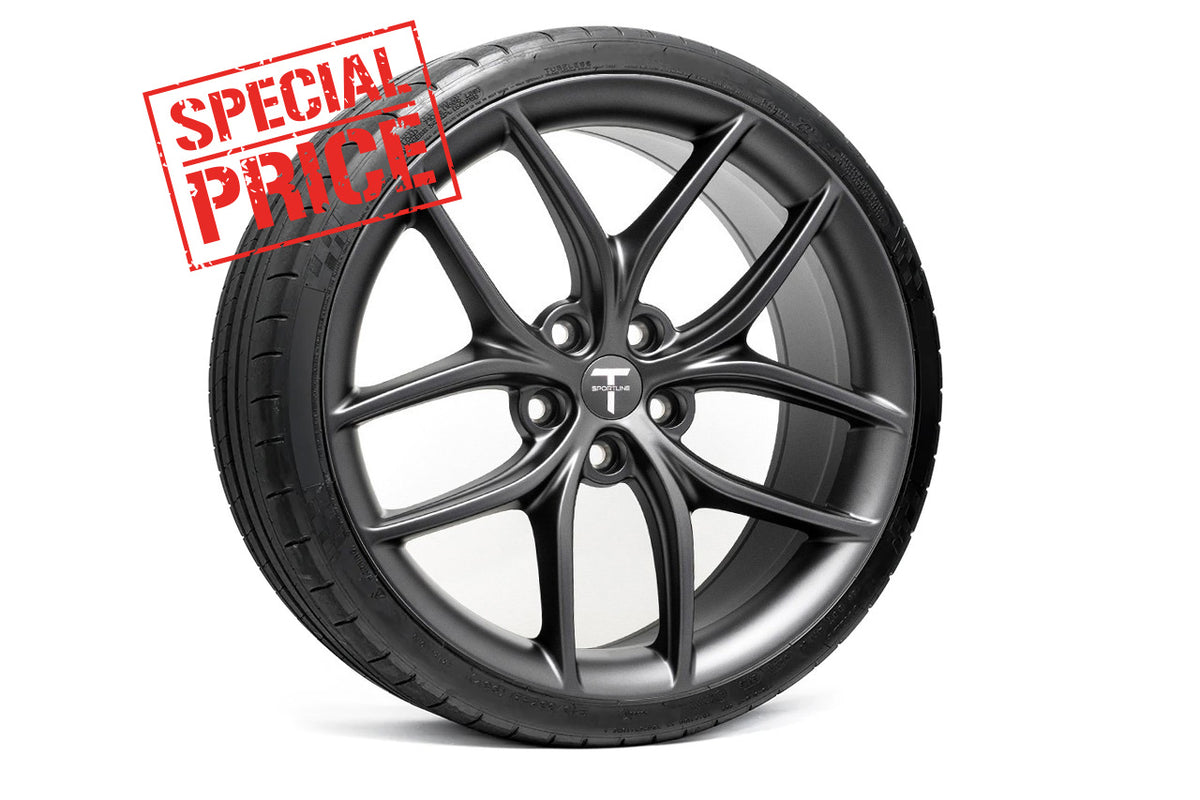 Tesla Model Y TS5 21&quot; Wheel and Tire Package in Satin Gray (Set of 4) Over Box Special!