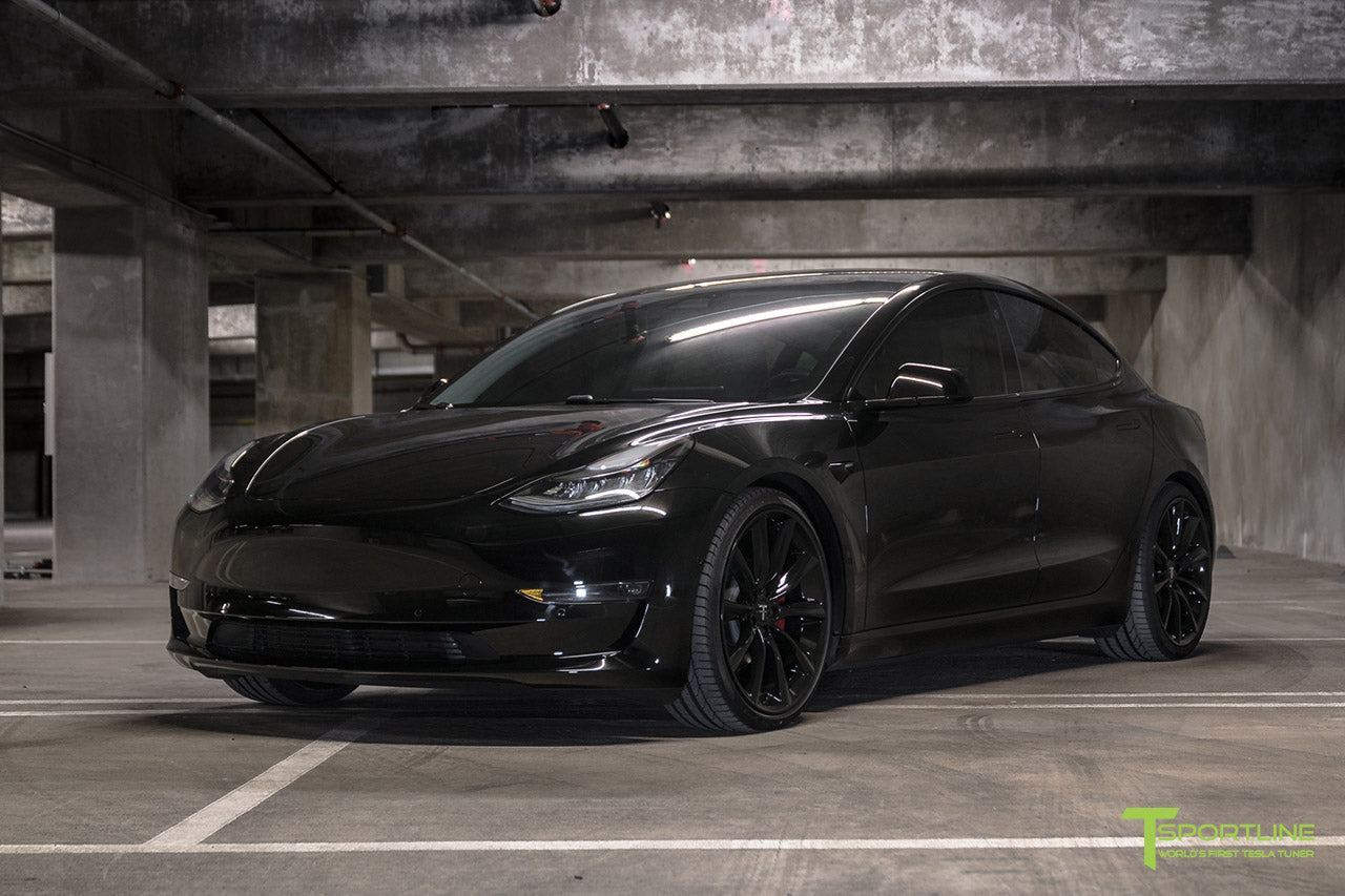 Black Tesla Model 3 with Gloss Black 20" Turbine Style TST Wheels and Lowering Springs