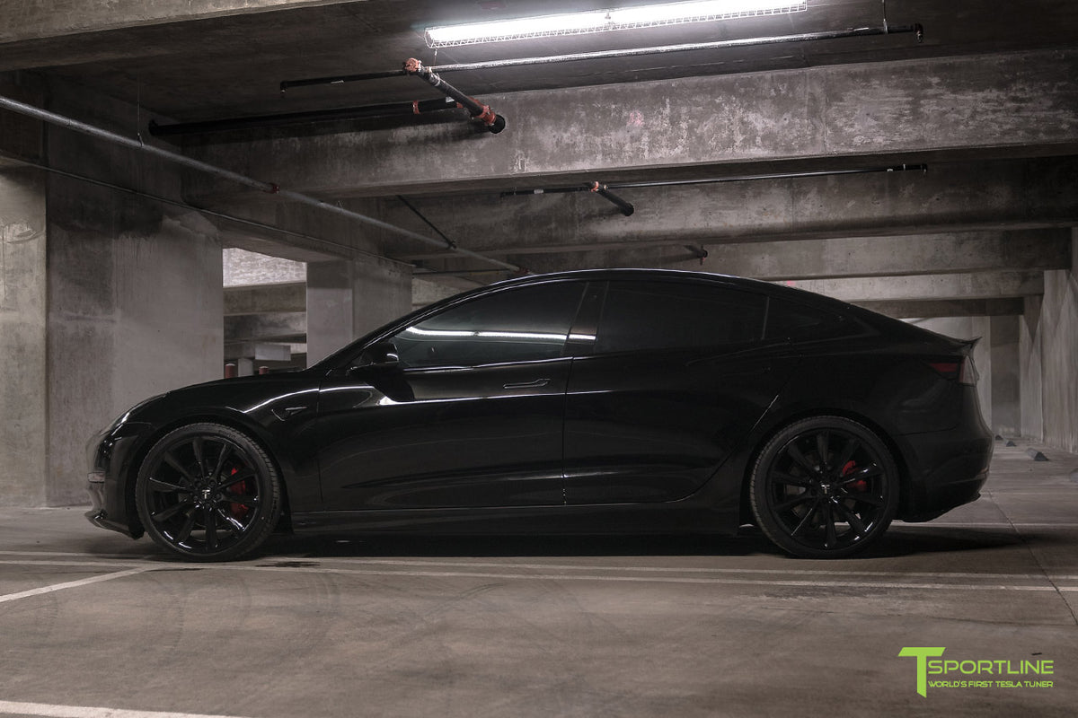 Black Tesla Model 3 with Gloss Black 20&quot; Turbine Style TST Wheels and Lowering Springs