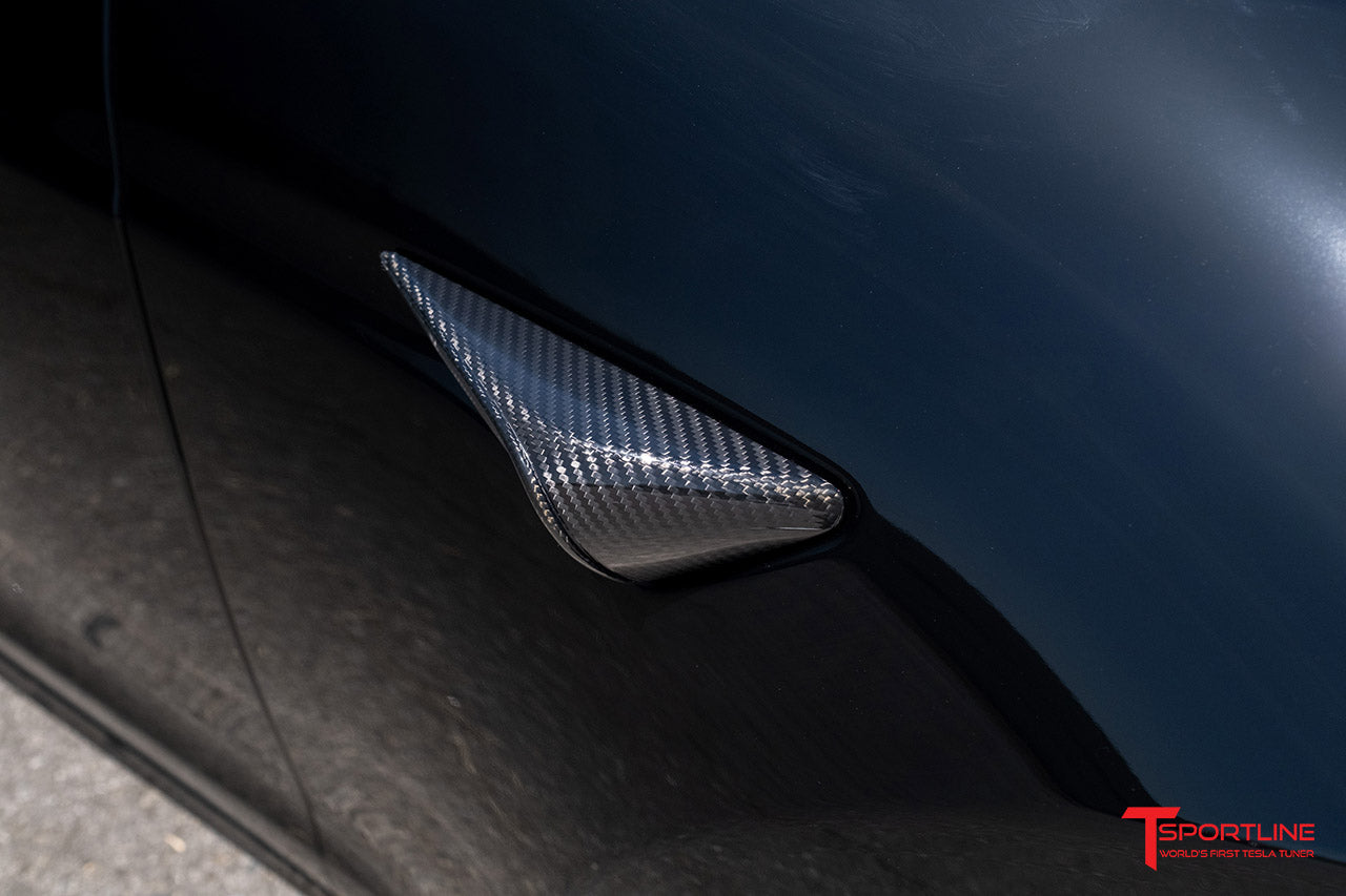 Black Carbon Fiber Look Side Camera Cover Caps – Fits Tesla Model 3, S, X (Gloss Finish)