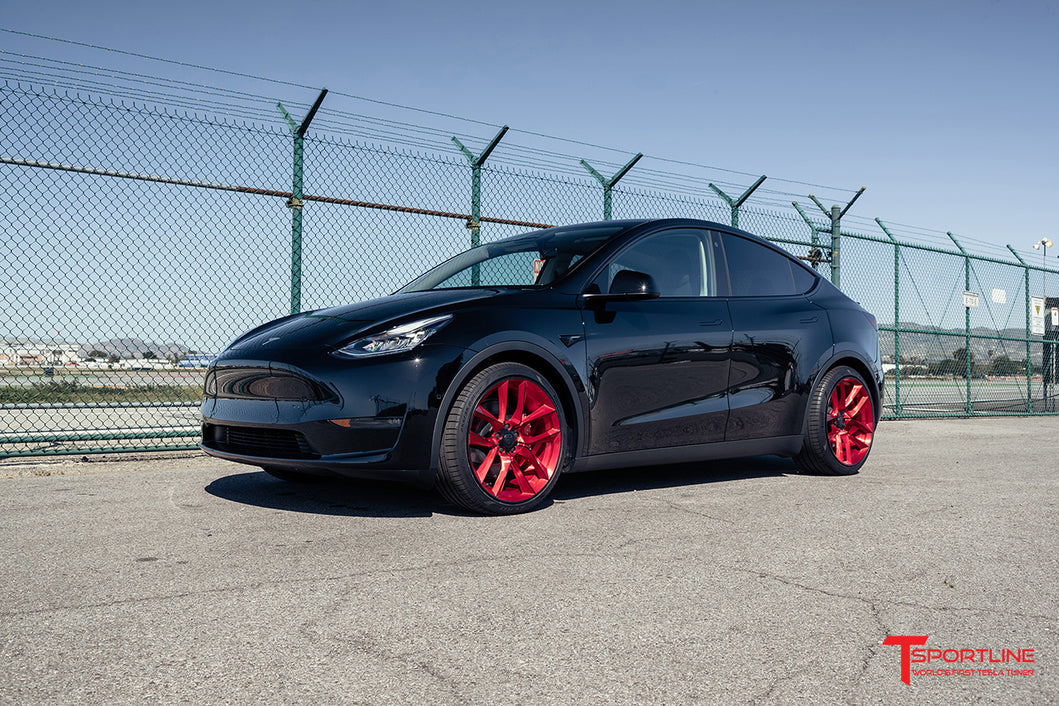 tesla model y red black rims