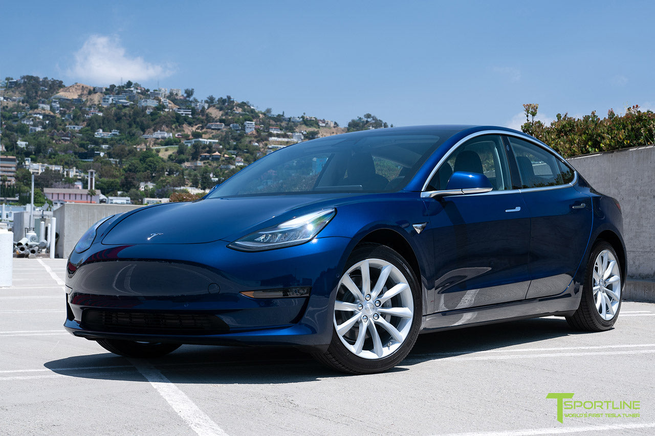 Deep Blue Metallic Tesla Model 3 with Brilliant Silver 18" TST Turbine Style Wheels by T Sportline