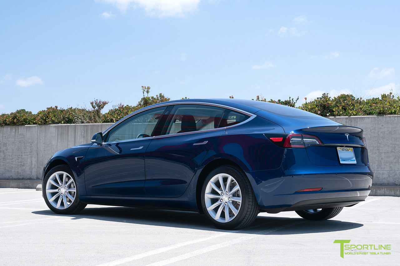 Deep Blue Metallic Tesla Model 3 with Brilliant Silver 18" TST Turbine Style Wheels by T Sportline