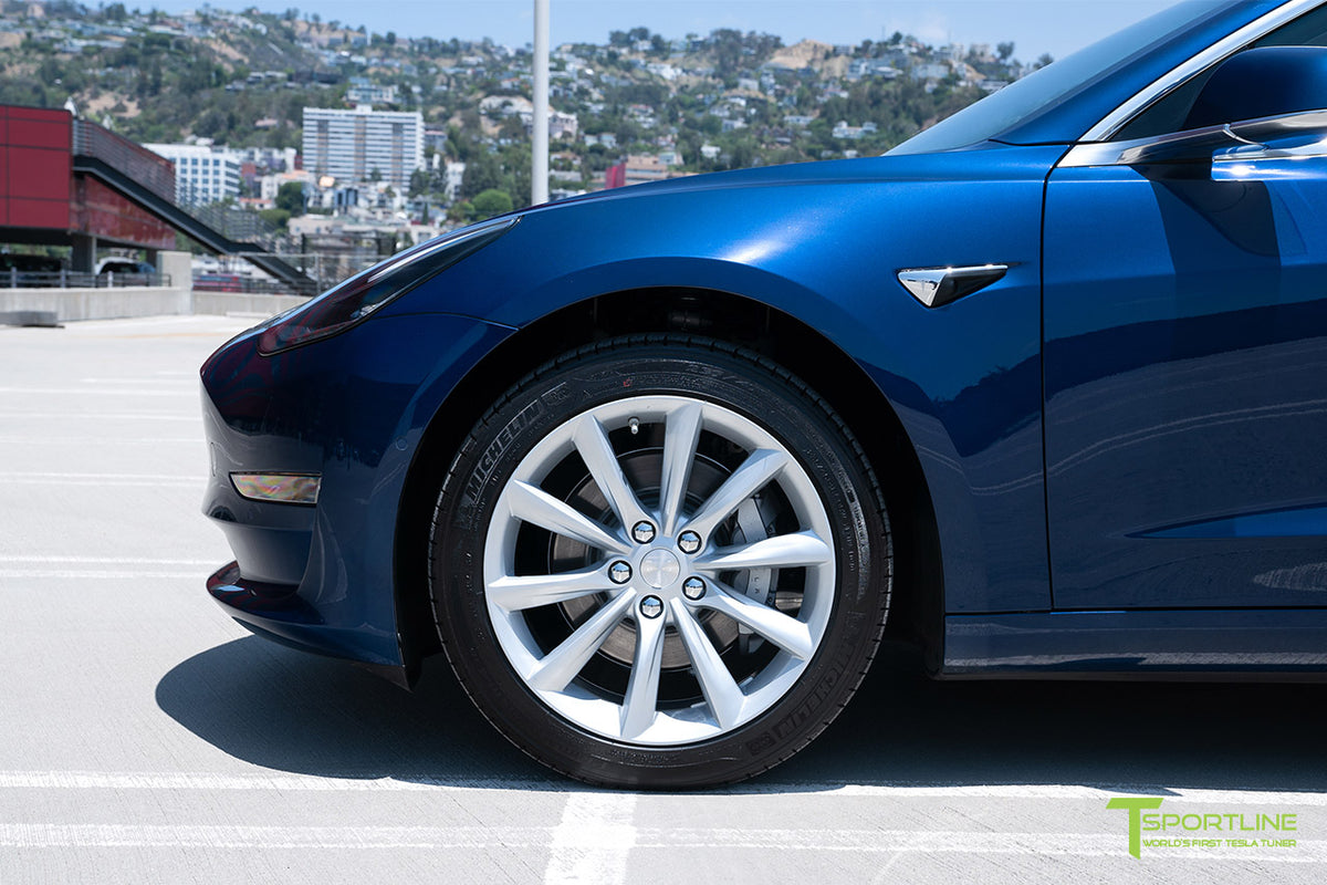 Deep Blue Metallic Tesla Model 3 with Brilliant Silver 18&quot; TST Turbine Style Wheels by T Sportline