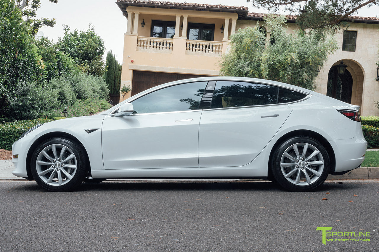 Pearl White Tesla Model 3 with Brilliant Silver 18" TST Turbine Style Wheels by T Sportline