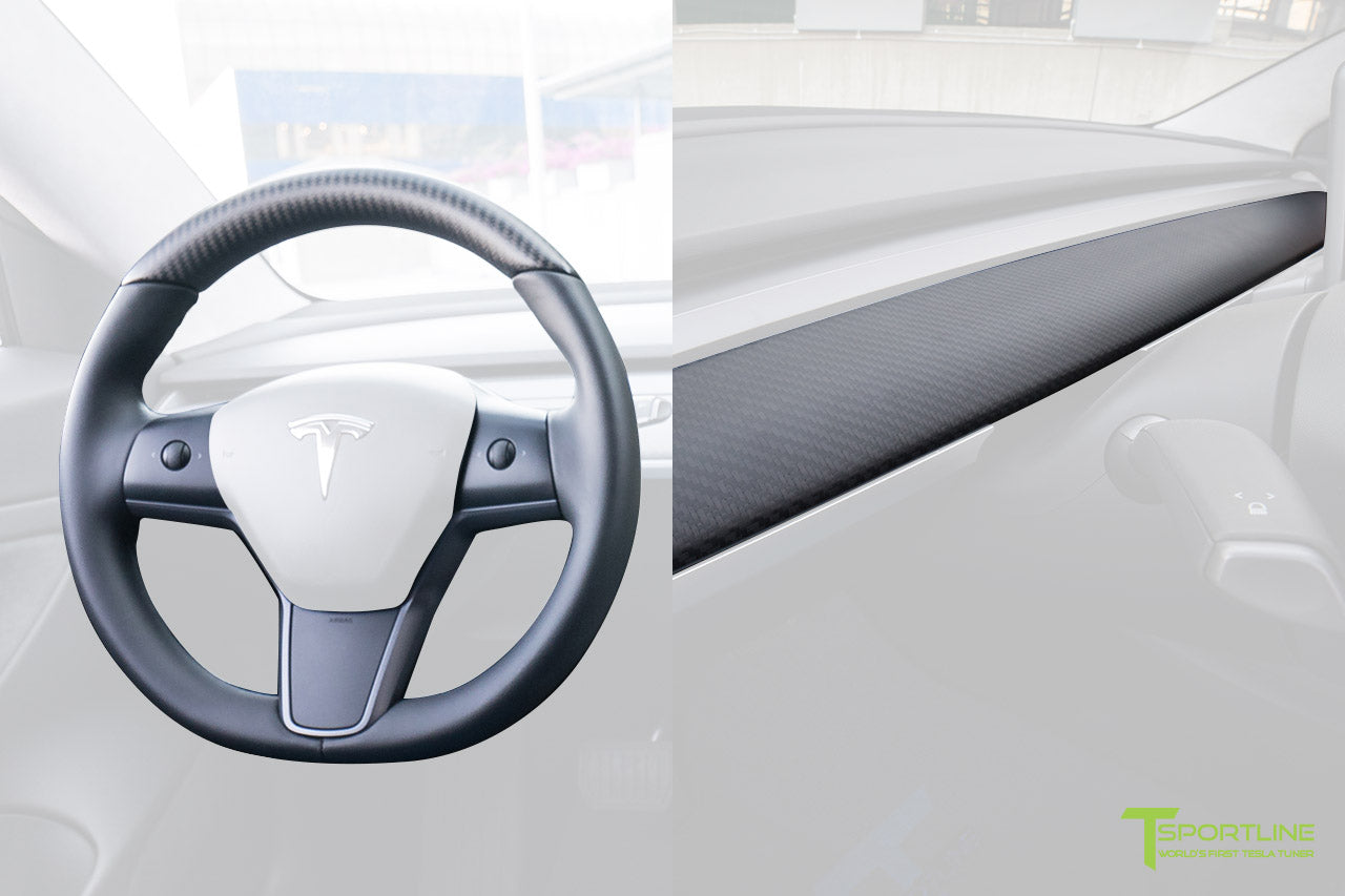 Tesla Model 3 Matte Carbon Fiber Interior Trim Kit (Steering Wheel + Dash Panel)