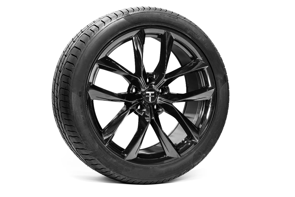Tesla Model Y 20 inch Arachnid Style TST Flow Forged Tesla Aftermarket Wheel and Tire Package in Gloss Black